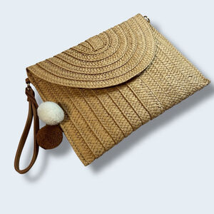 Straw Woven Clutch Crossbody Bag Tan Pom Pom Wristlet Boho Summer